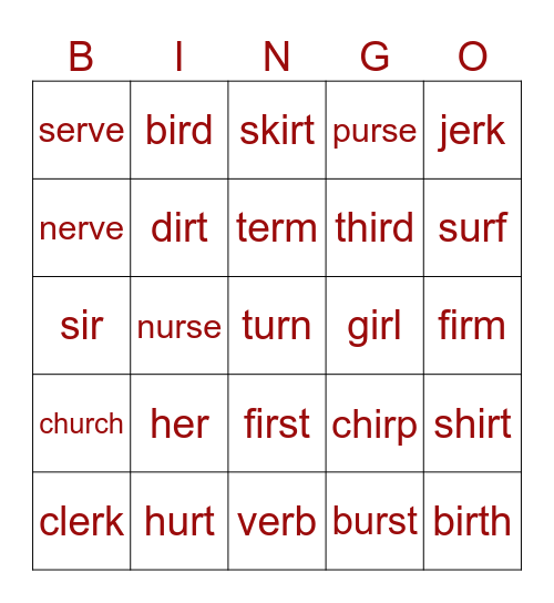 Bossy R Bingo Card