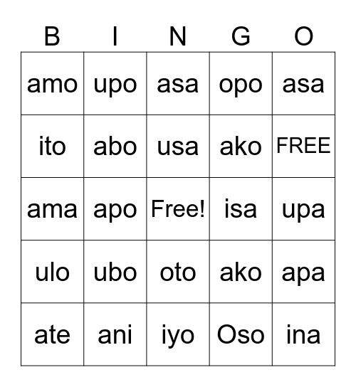 TATLONG LETRA NG SALITA Bingo Card