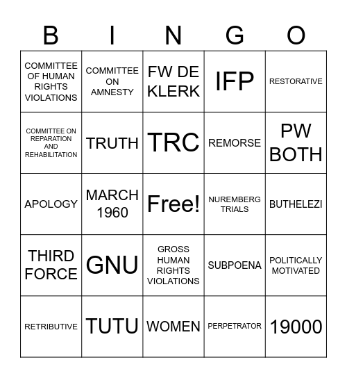 Grade 12 TRC Bingo Card