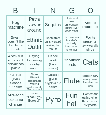 Eurovision 2024 Bingo Card