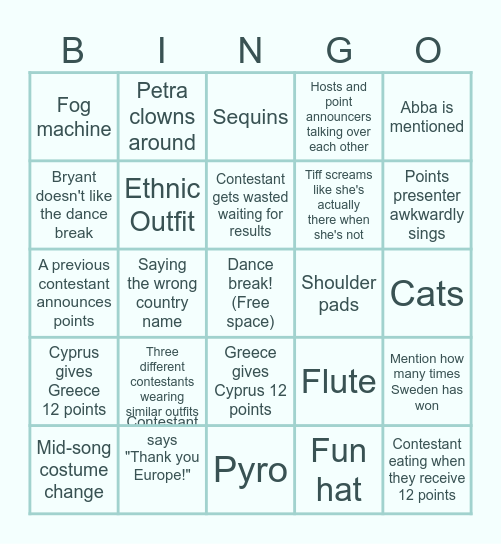 Eurovision 2024 Bingo Card