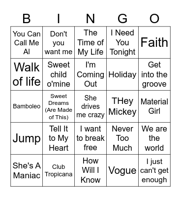80s Musical Bingo Card