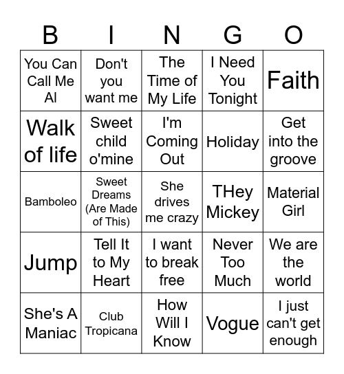 80s Musical Bingo Card