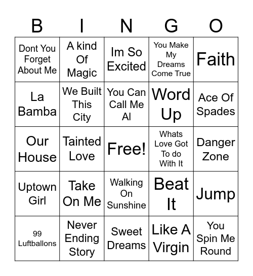 80's BANGERS Bingo Card