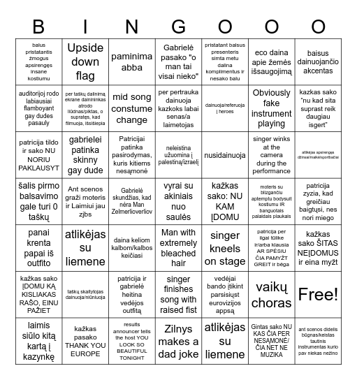 Eurovizijos pas Koldūnauskus Bingo Card