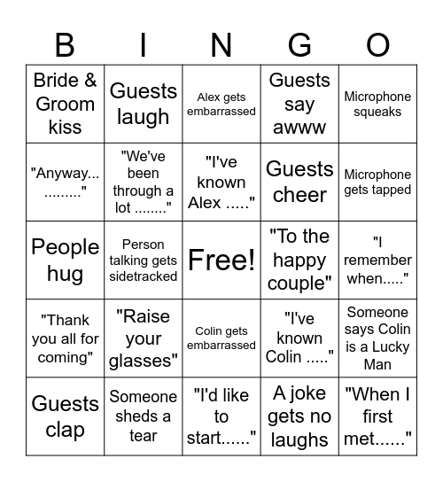 Wedding Speech Bingo Card