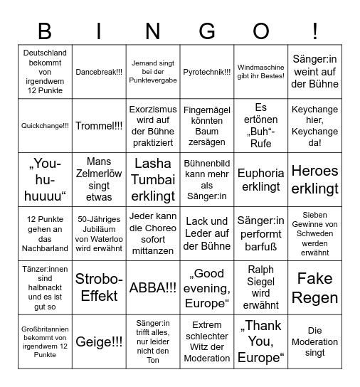 Eurovision Song Contest 2024 Bingo Card