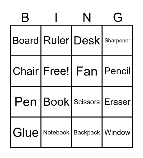 Classroom Objects Bingo Card