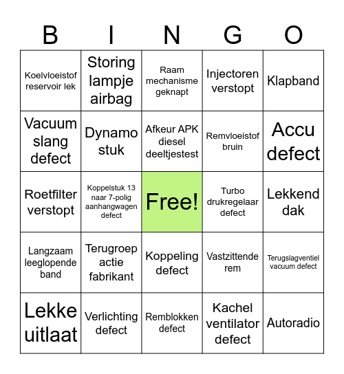 Autodefecten Bingokaart Bingo Card