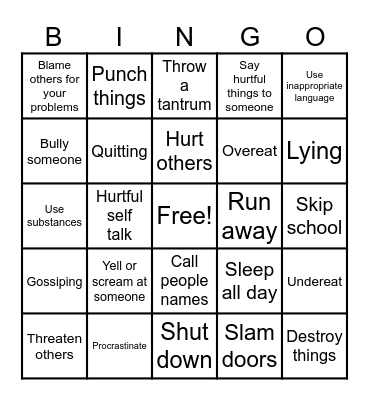 Unhealthy Coping Skills Bingo Card