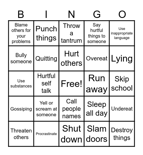 Unhealthy Coping Skills Bingo Card