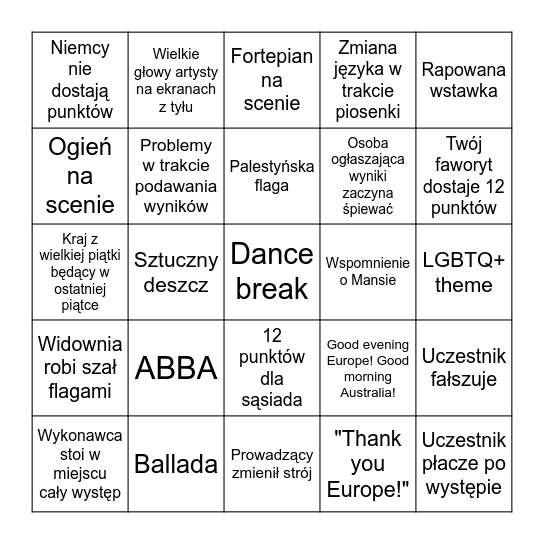 Eurowizja 2024 Bingo Card
