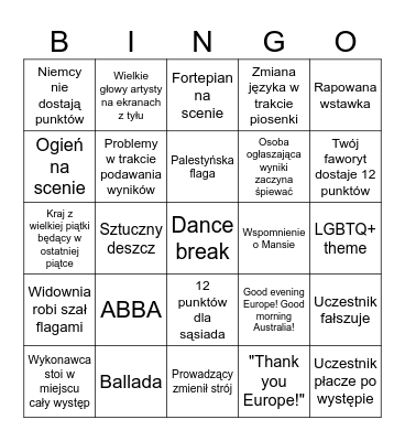 Eurowizja 2024 Bingo Card