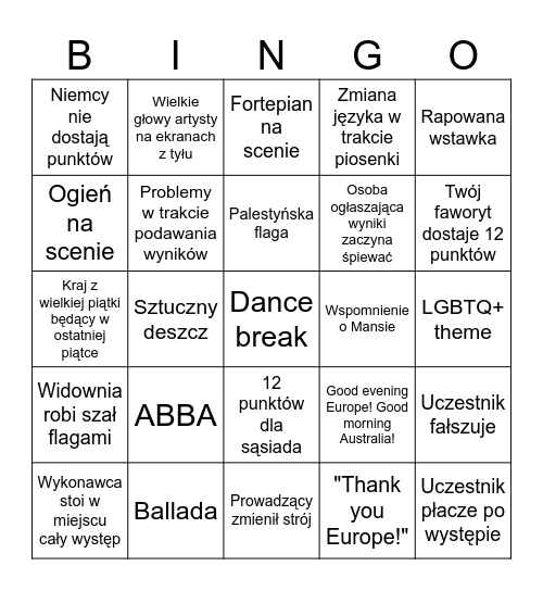 Eurowizja 2024 Bingo Card