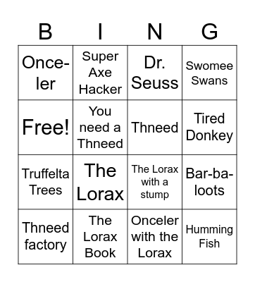 The Lorax Bingo Card