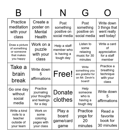 Mental Health Awareness Month Activities Bingo Card