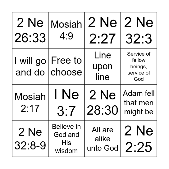 The First Nine BOM Doctrinal Masteries Bingo Card