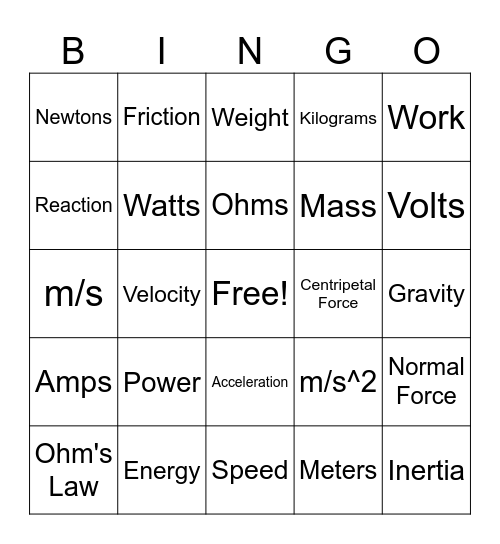 Physics Gen Bingo Card