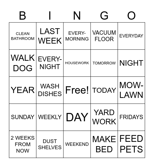 Chores/Scheduling Bingo Card