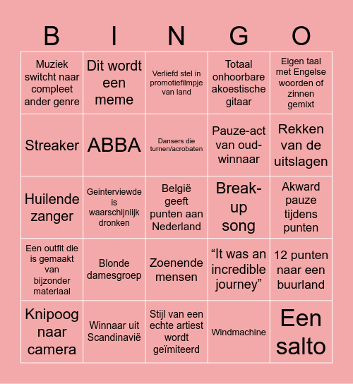 Eurovision Songfestival Bingo Card