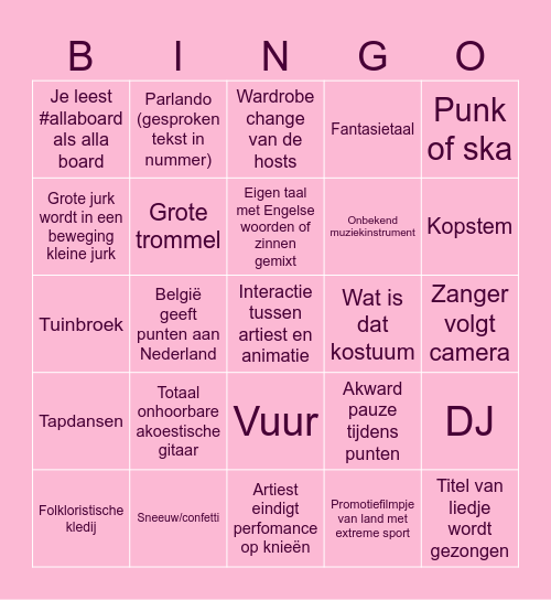 Eurovision Songfestival Bingo Card