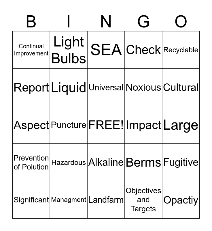 Environmental Bingo Card