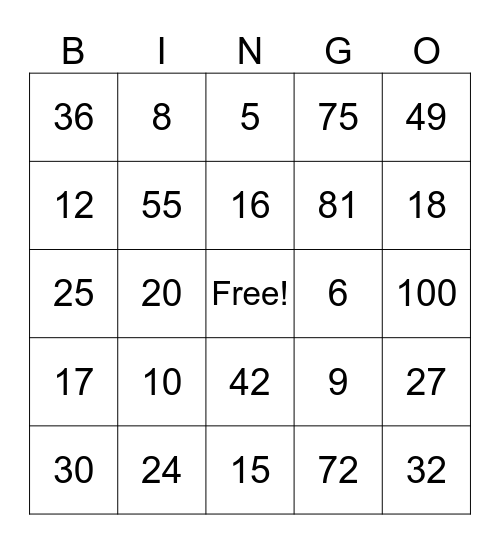 Math Bingo Card