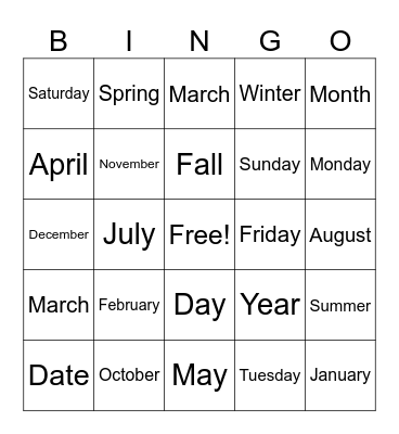 Calendar Vocabulary Bingo Card