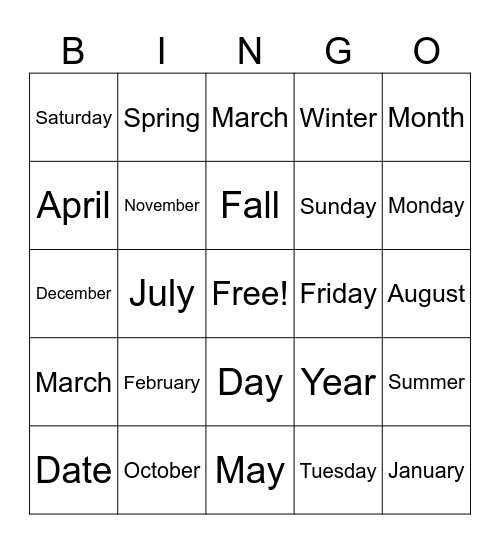 Calendar Vocabulary Bingo Card