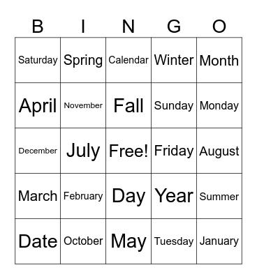 Calendar Vocabulary Bingo Card