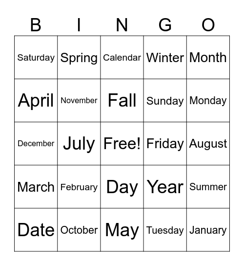 Calendar Vocabulary Bingo Card