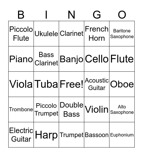 Musical Instrument Bingo Card