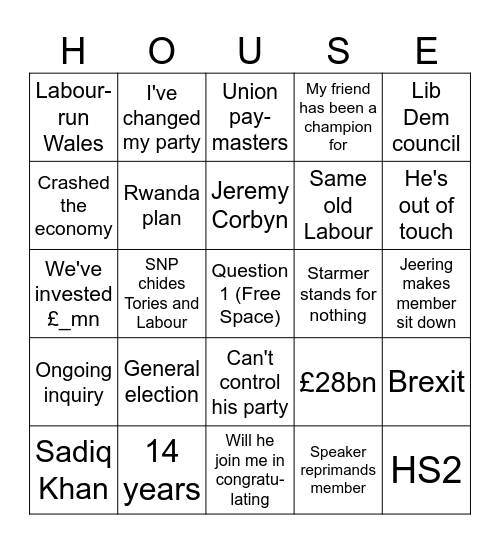 PMQs Bingo Card