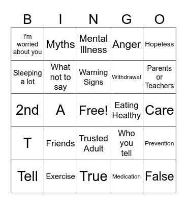 Suicide Prevention Bingo Card