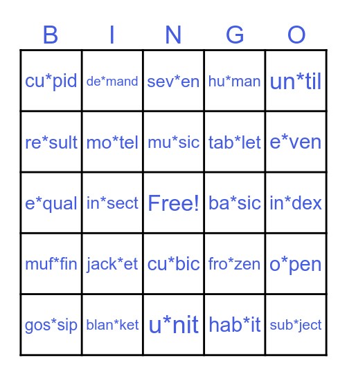 Syllable Type Bingo Card