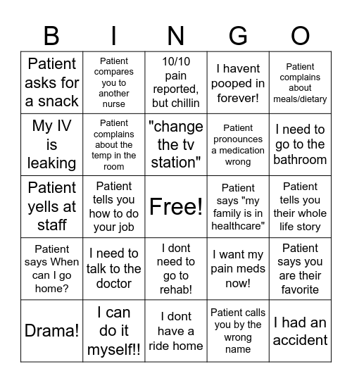Things you hear during the day...Patient edition! Bingo Card