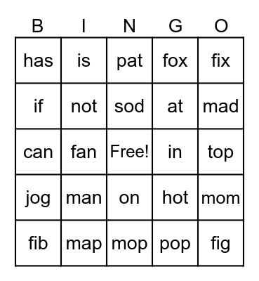 Short Vowels Bingo Card