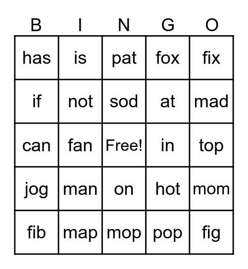Short Vowels Bingo Card