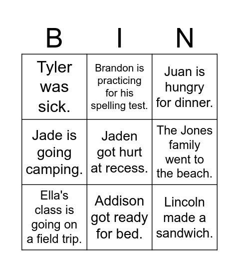 Main Idea Bingo Card