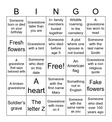 Cemetery Bingo Card