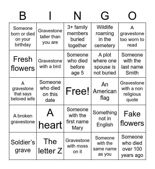 Cemetery Bingo Card