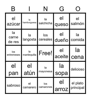 C8/V1 - Las comidas, la carne y pescado, y otras comidas Bingo Card