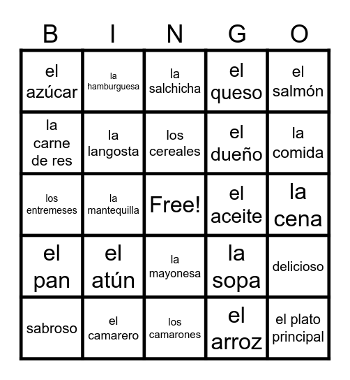 C8/V1 - Las comidas, la carne y pescado, y otras comidas Bingo Card