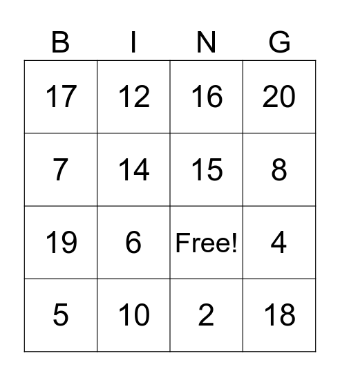 Math Facts to 20 Bingo Card