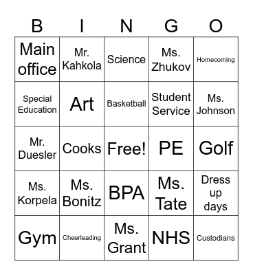 BHS Bingo Card
