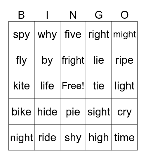 Long i words Bingo Card