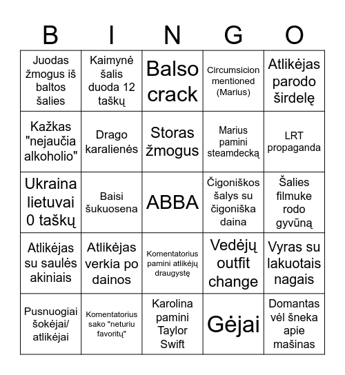 Eurovizion Bingo Card