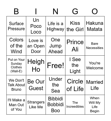 Disney Name that Tune Bingo Card