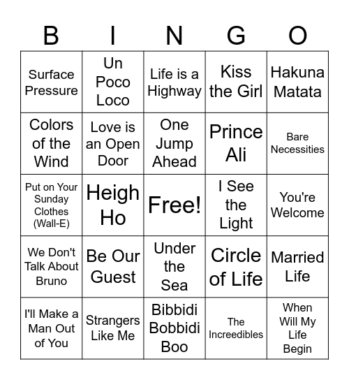 Disney Name that Tune Bingo Card