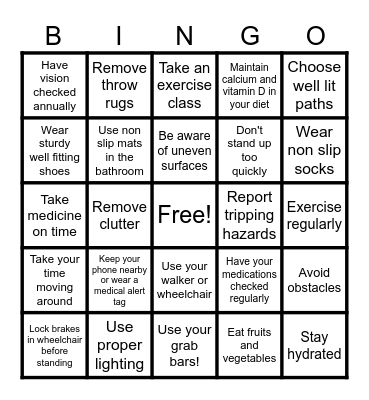 Fall Prevention Bingo! Bingo Card